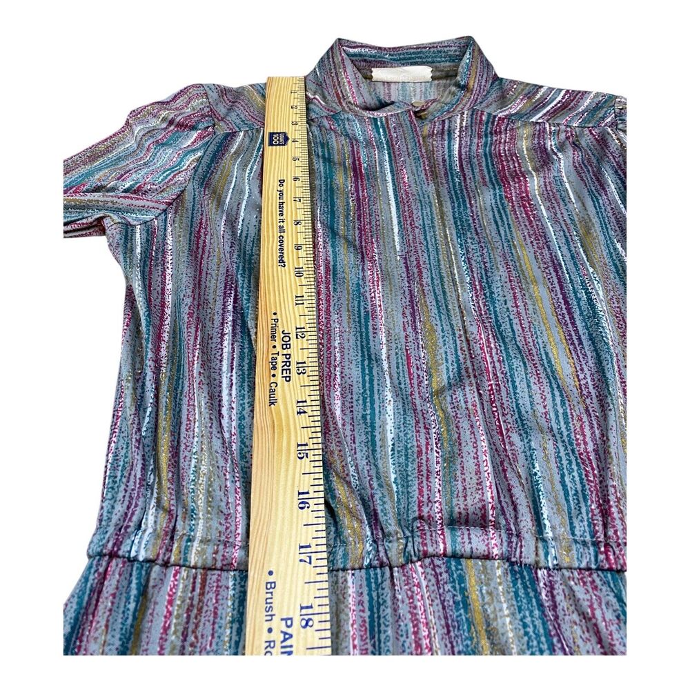 VTG 70s Metallic Striped Midi Dress High Neckline Shirtdress Long Sleeve SMALL - Picture 10 of 14